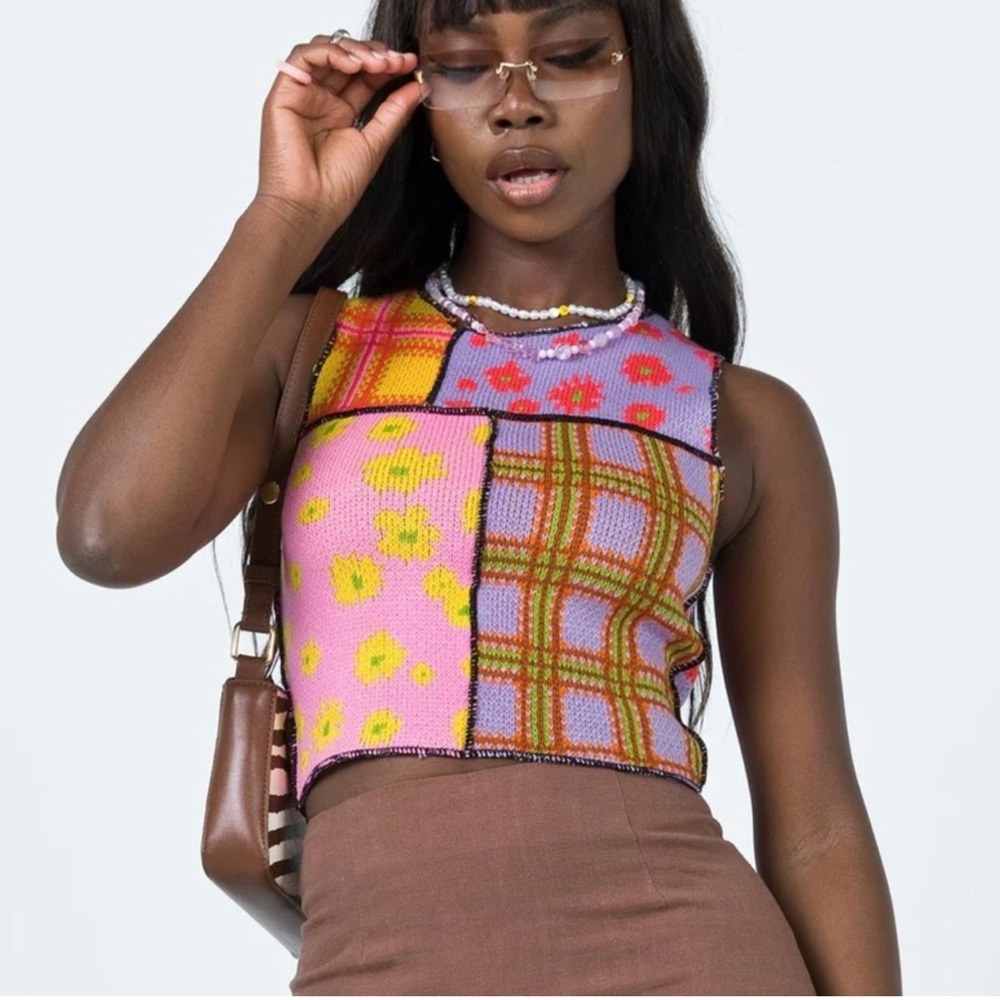 The Ragged Priest Pink Yellow Lavender Patchwork Knit Crop Top